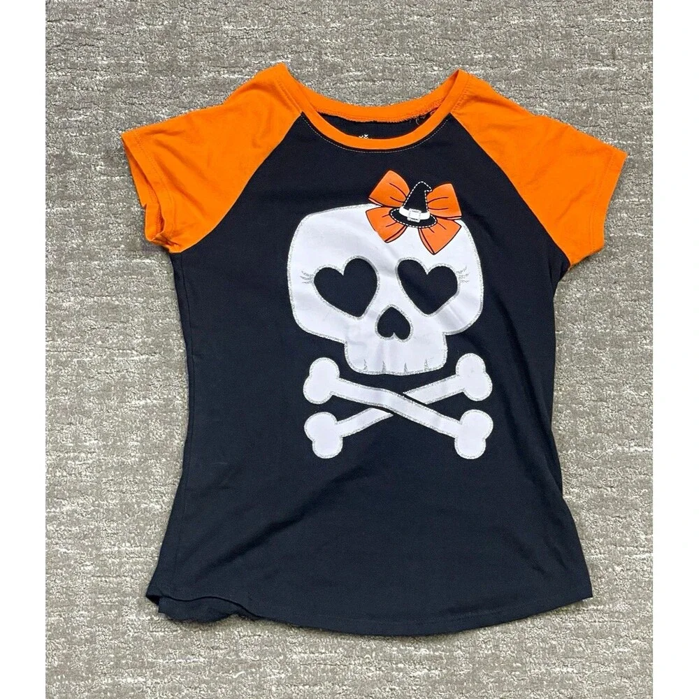 Girls Black/Orange Raglan Crew Neck T shirt Skull Halloween Tee L large 10/12